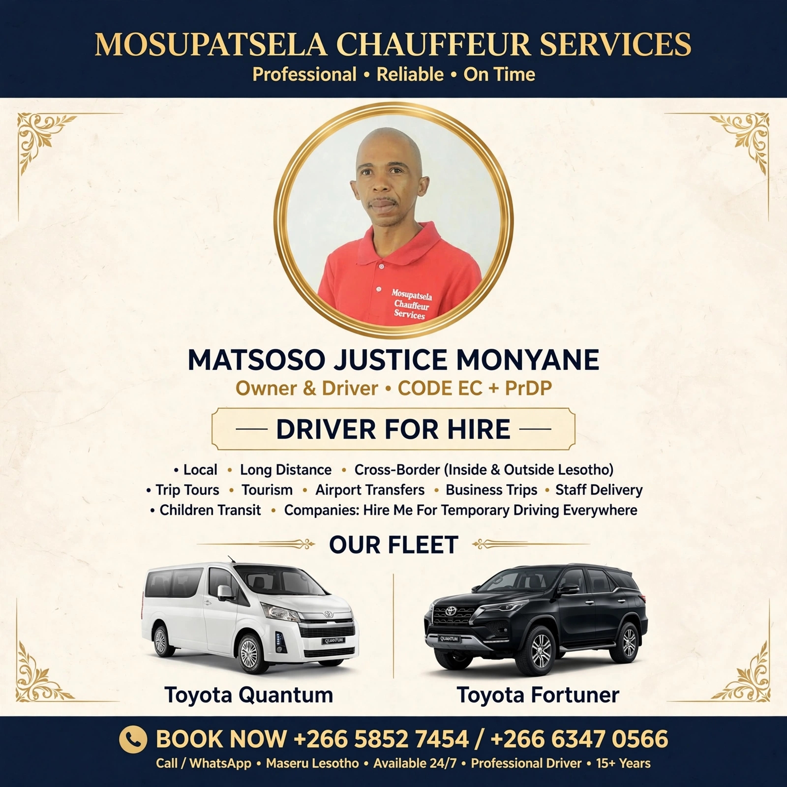 🚗 DRIVER FOR HIRE - Mr Matsoso Monyane  I am here to drive for you! Local, Long Distance & Cross-Bor