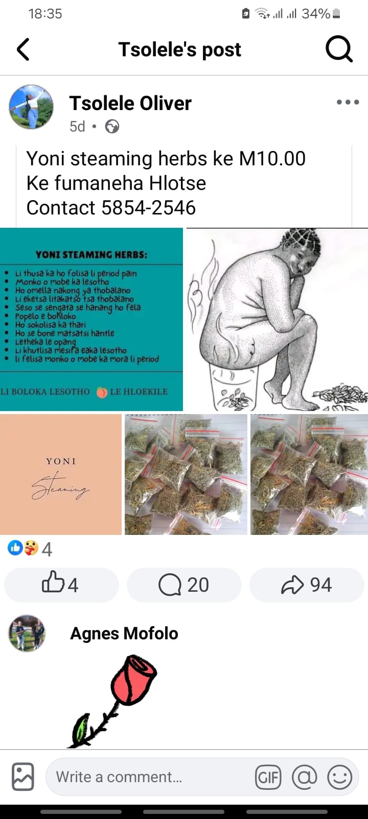 Hare bolokeng Lesotho la rona le hloekile ka Yoni steaming herbs  ke M10 le M20.00  ke fumaneha hlot